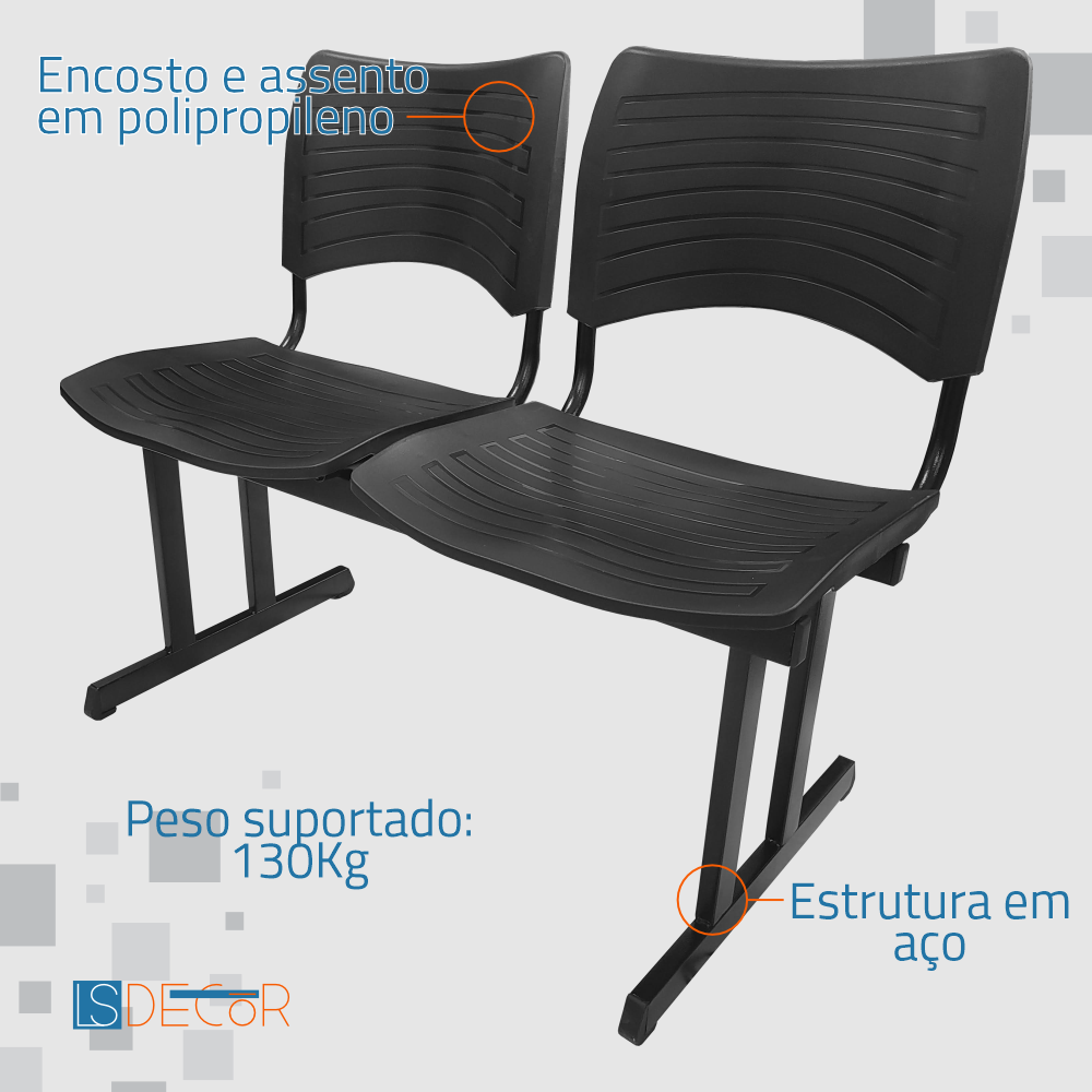 Cadeira Iso Longarina Polipropileno 2 Lugares Preta - 3