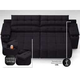 Sofá com Porta Copos Carregador Usb Ret Rec Samurai 2,30m Velosuede Preto - Netsofas - 2