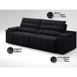 Sofá com Porta Copos Carregador Usb Ret Rec Samurai 2,30m Velosuede Preto - Netsofas - 3