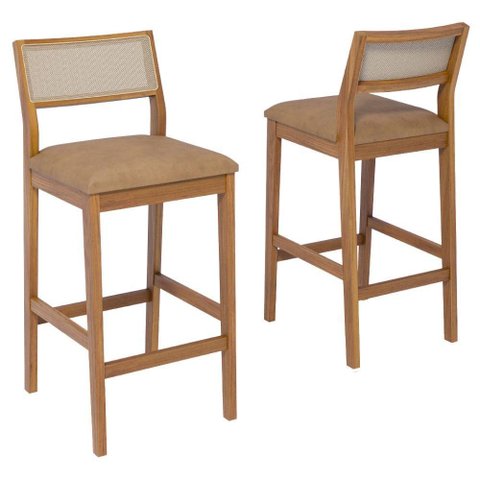 Kit 2 Banquetas Alta com Encosto Oiti Madeira Maciça Tauari Corino Kaki Natuem