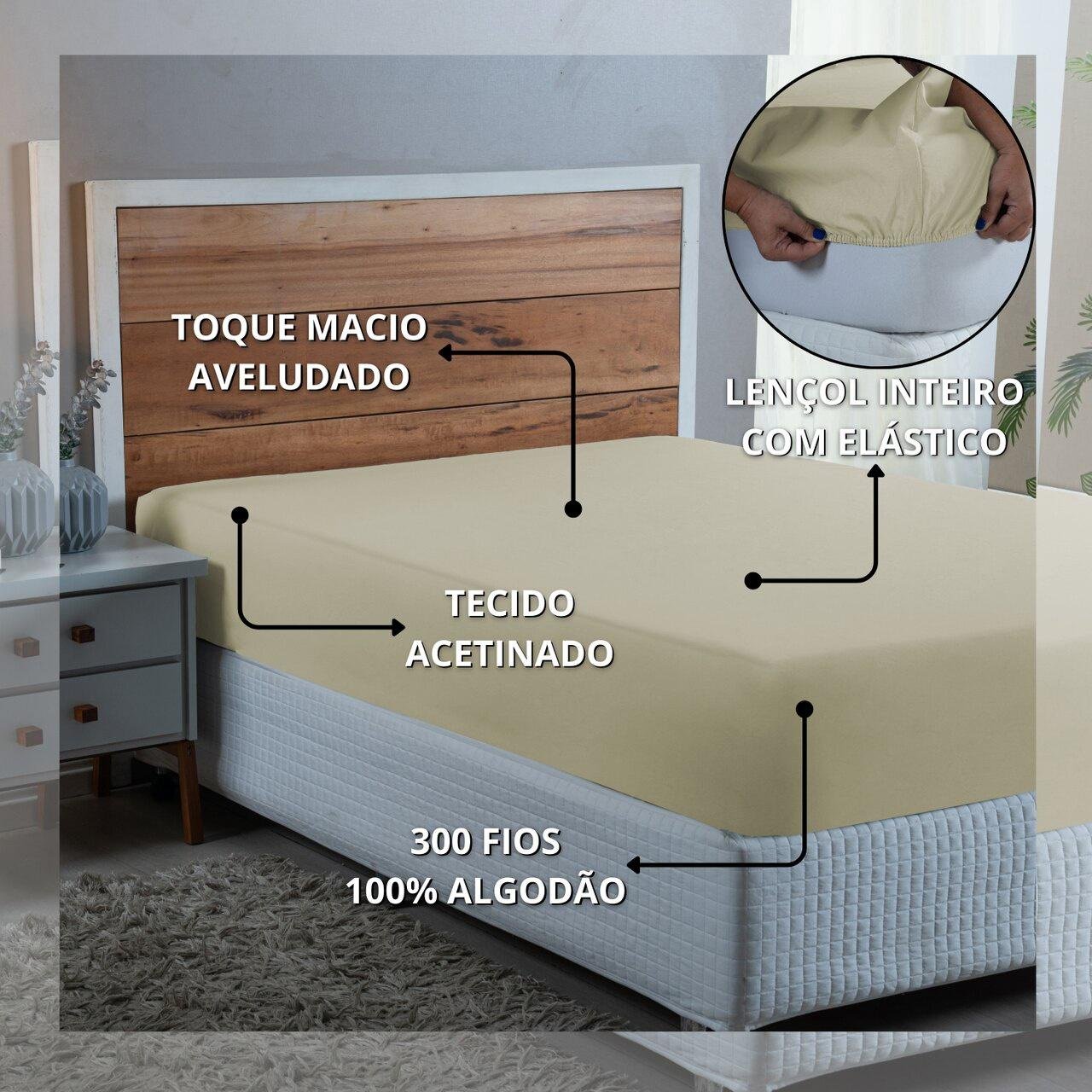 Lençol Cama Casal 100% Algodão com Elástico Percal 300 Fios Hotel Pousada:palha - 4