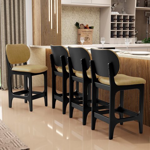 Kit 04 Banquetas Baixa Bar Cozinha e Sala de Jantar Fixa Betta L02 Preto Couríssimo Casco Fendi - Ly