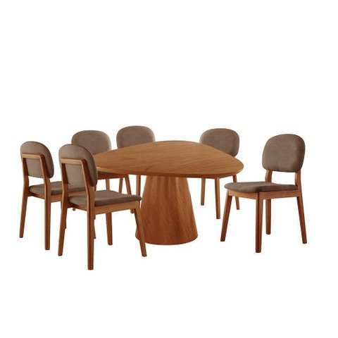 Conjunto Sala de Jantar Mesa Gênova 130cm Tampo Orgânico Laminado com 6 Cadeiras Évora Linho