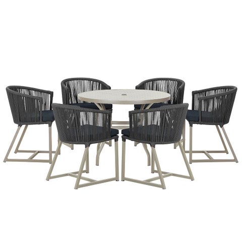 Mesa com 6 Cadeiras de Jantar Roma 120cm e Noronha em Alumínio Fendi Corda Náutica Estofado 12 Trama