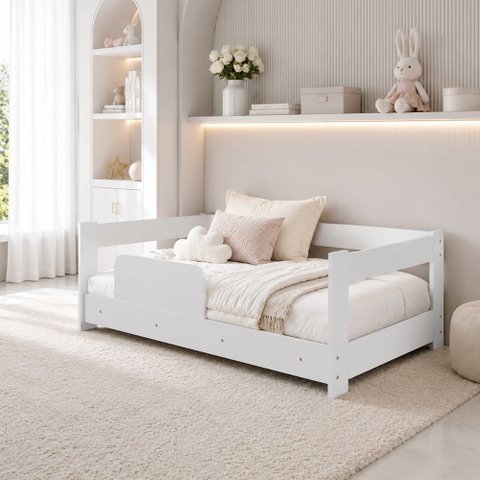 Cama Montessoriana Infantil Colchão Baby Grade Proteção Segurança Transição - Branco