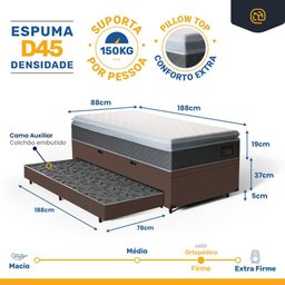 Cama Box Baú com Colchão de Espuma D45 Pillow Top Fort Comfort + Auxiliar Unique Solteiro 88cm - 3