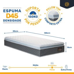 Cama Box Baú com Colchão de Espuma D45 Pillow Top Fort Comfort + Auxiliar Unique Solteiro 88cm - 4