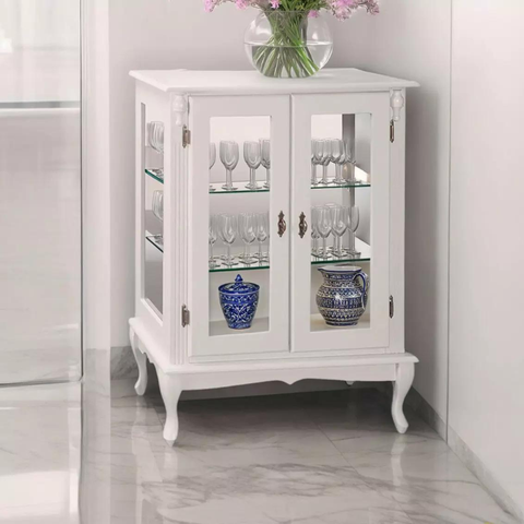 Cristaleira em Madeira 2 Portas e Espelho com Pés Luiz Xv - Branco Laca