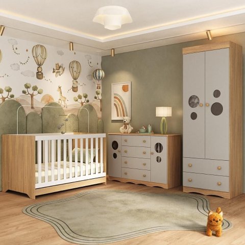 Quarto de Bebê Completo com Berço Americano 3 em 1 Sonho Multimóveis Mp4627 Madeirado/off White
