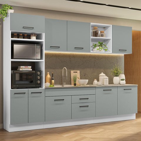 Armário de Cozinha Completa 310cm Branco/Cinza Agata Madesa 02