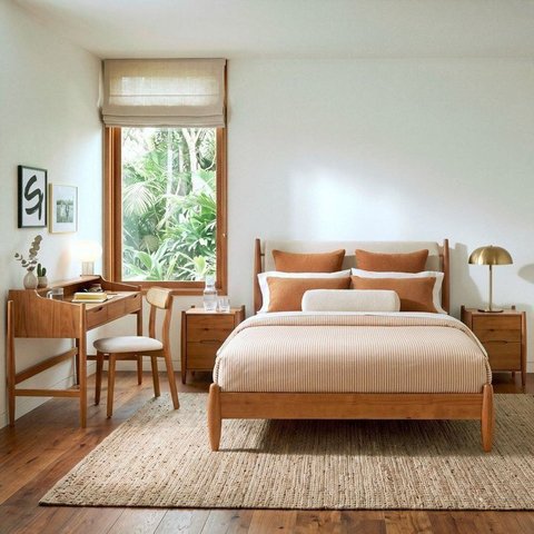 Conjunto Cama Casal com Mesas de Cabeceira e Escrivaninha Baru CabeCasa MadeiraOriginals Marrom