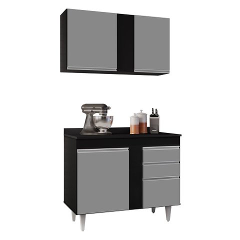 Kit Armário Aéreo e Balcão de Cozinha Lavanderia Aurora com Tampo Preto e Cinza 100 cm - D’Rossio