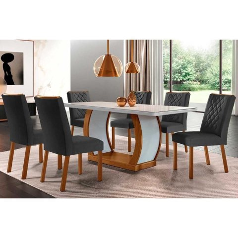 Conjunto: Mesa Sala Jantar Jade Tampo Madeirado C/ Vidro Canto Curvo 180x90 e 6 Cadeiras Jade