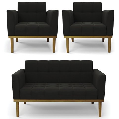 Sofá Namoradeira e 2 Poltronas Base Madeira Castanho Ana Suede Preto - Ibiza