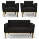 Ver imagem 1 de Sofá Namoradeira e 2 Poltronas Base Madeira Castanho Ana Suede Preto - Ibiza