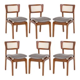 Kit 6 Cadeiras de Jantar Portugal Madeira Imbuia com Encosto Tela Rattan Linho Cinza L55 - 1