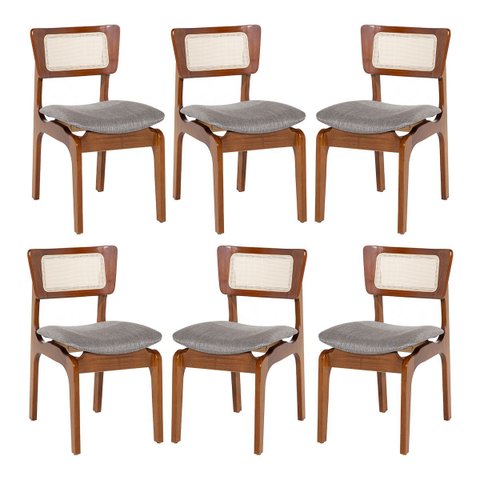Kit 6 Cadeiras de Jantar Portugal Madeira Imbuia com Encosto Tela Rattan Linho Cinza L55
