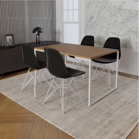 Mesa Industrial Base Ferro Branco Tampo 137x90 Amendoa 4 Cadeiras Eames Ferro Branco Assento Preto