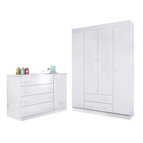 Guarda-Roupa Roupeiro 4 Portas + Cômoda Sapateira Julie MDP Branco