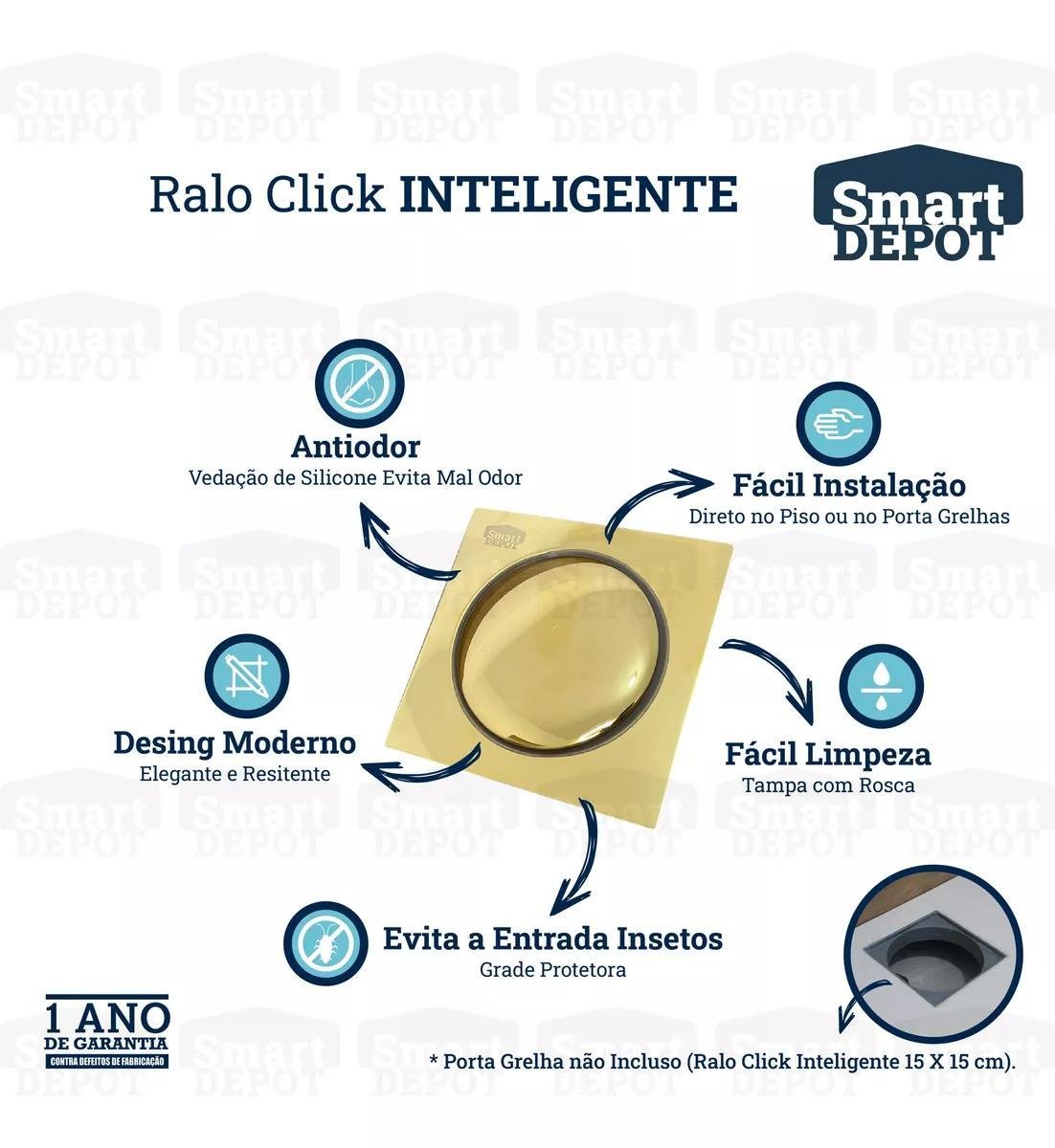 Ralo Click Inteligente 15x15 Inox Quadrado Dourado Banheiro - 7