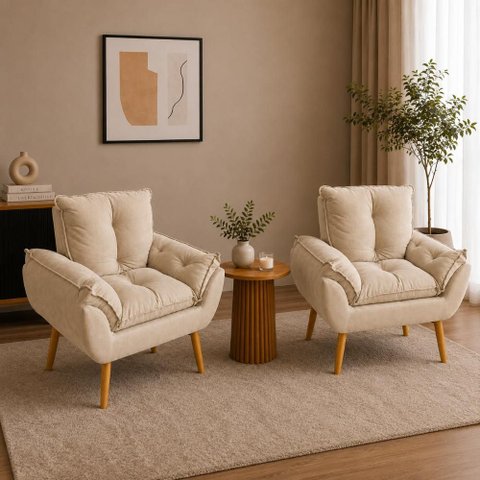 Kit 2 Poltronas Decorativa Estofada Sala Quarto Escritório Opala Madeira