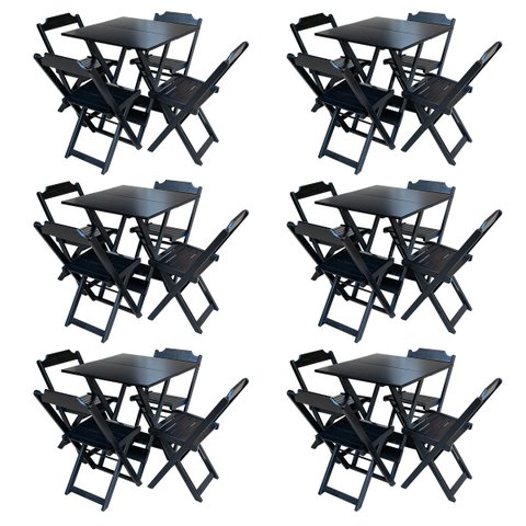 Kit 6 Jogos de Mesa com 4 Cadeiras de Madeira Dobrável 60x60 Ideal para Bar e Restaurante - Preto