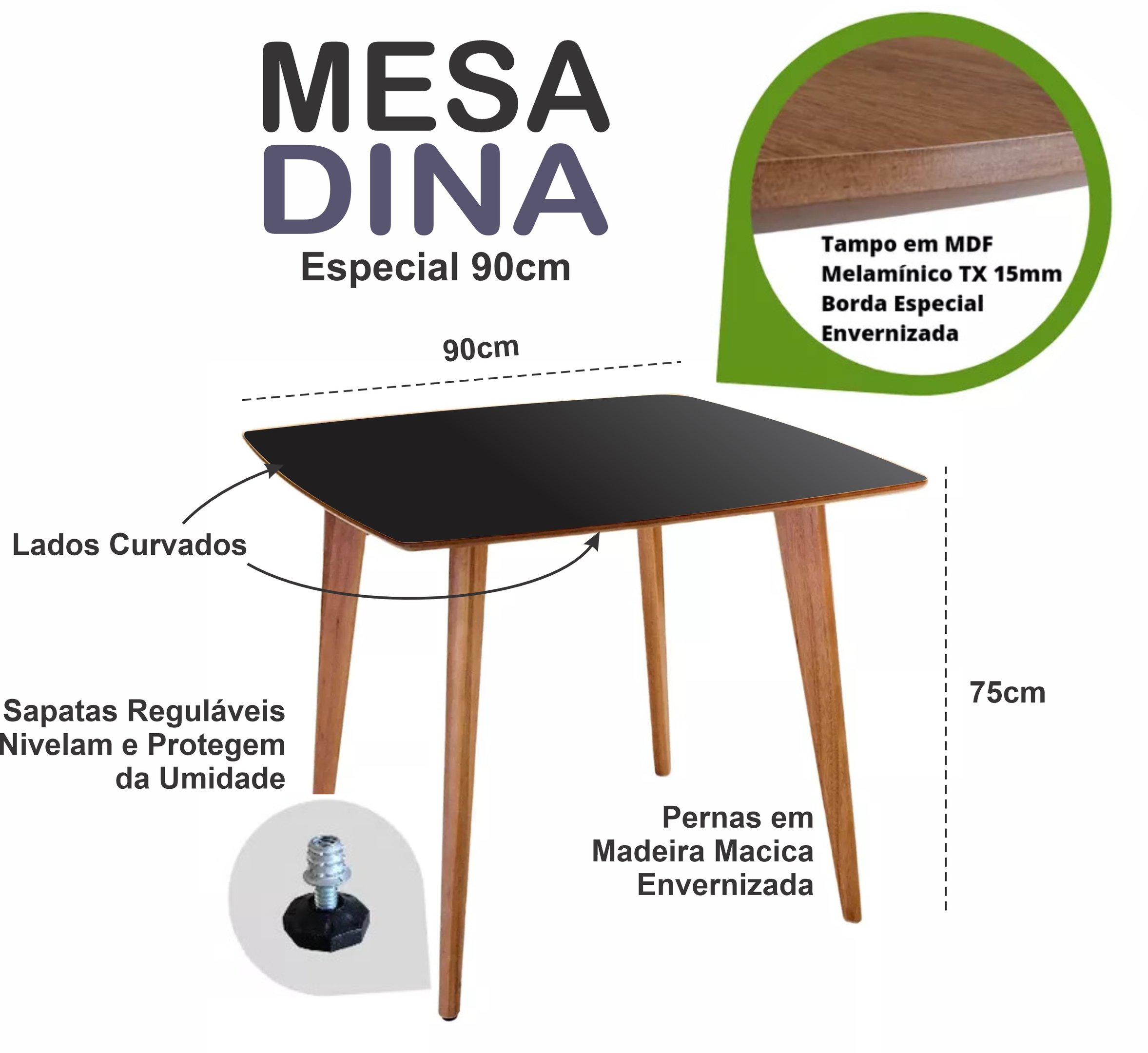 Mesa de Jantar Quadrada Especial de 90cm na Cor Preta - 2