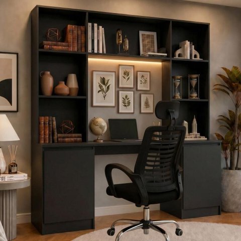 Escrivaninha com Estante Escritório 2 Portas e 5 Prateleiras Smart Multimóveis MP6075 Preto