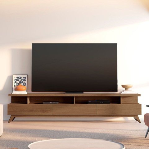 Rack para TV até 75 Polegadas 100% MDF 217cm Pés em Madeira Maciça Yucca  Marrom Cedro