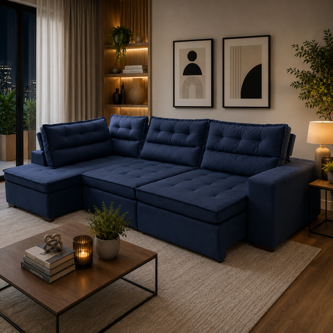 Sofá de Canto Retrátil 3,40x2,00 Esq Valentina Suede Azul