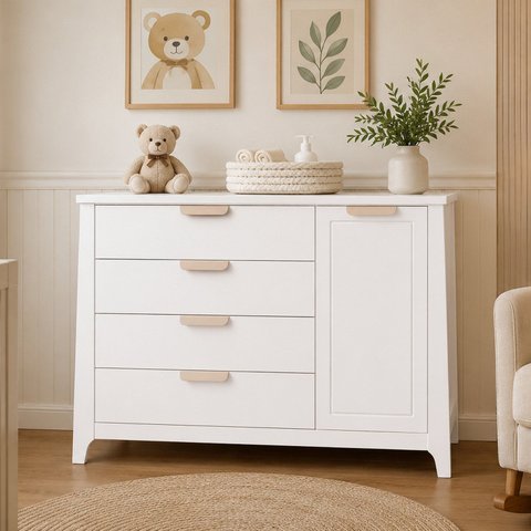 Comoda para Quarto Infantil 4 Gavetas Porta com Cabideiro Theo Branco/Neve/Renda