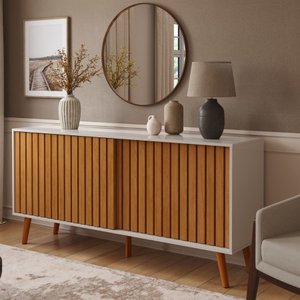 Buffet Aparador Cor Off White com Nature Portas de Correr Modelo Ripado Tampo em Mdf