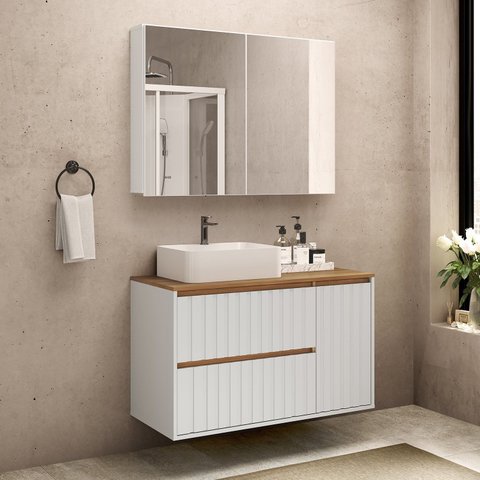Gabinete para Banheiro com Cuba e Espelheira 100cm Toronto Yescasa Branco/Carvalho