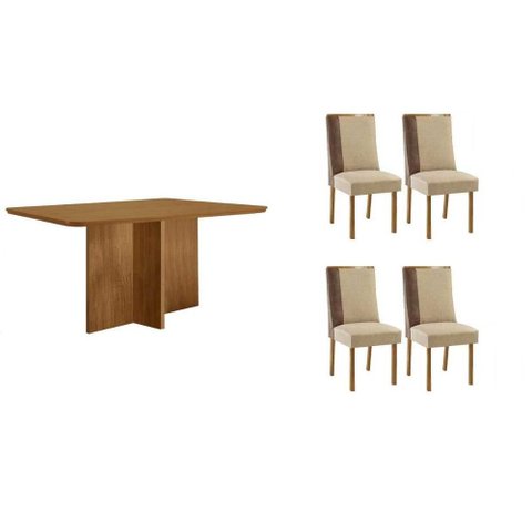 Conjunto: Mesa Sala Jantar Berlim Curvo 120cm + 4 Cadeiras Tilia Naturale - Linho Bege - Rufato
