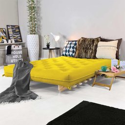 Sofa Cama Casal Futon Oriental Amarelo Com Madeira Maciça. - 2