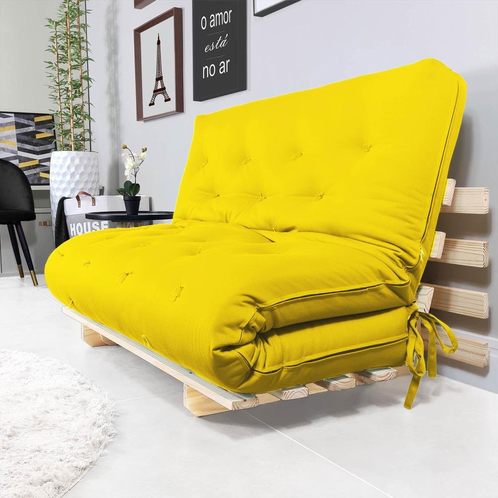 Sofa Cama Casal Futon Oriental Amarelo Com Madeira Maciça.