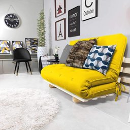 Sofa Cama Casal Futon Oriental Amarelo Com Madeira Maciça. - 4