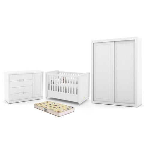 Dormitório Tutto New 2 Portas, Cômoda 1 Porta, Berço Branco Soft com Colchão D18 - Matic Móveis