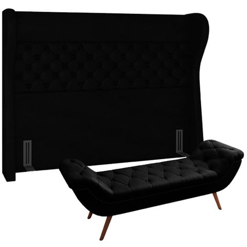 Kit Cabeceira Cama Box Queen 160 Cm Madrid com Puff Recamier Santorini Couríssimo Preto - Lyam