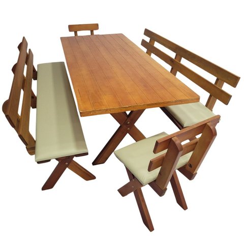 Conjunto Mesa Madeira Maciça para Churrasco Mel + 4 Bancos Estofados Nude