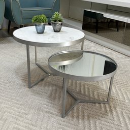 Conjunto Mesa de Centro Redonda Dallas Marmo Branco com Espelho - Prata - 1
