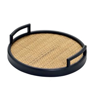 Bandeja Decorativa Redonda em Rattan Preto 30cm Paris Luz