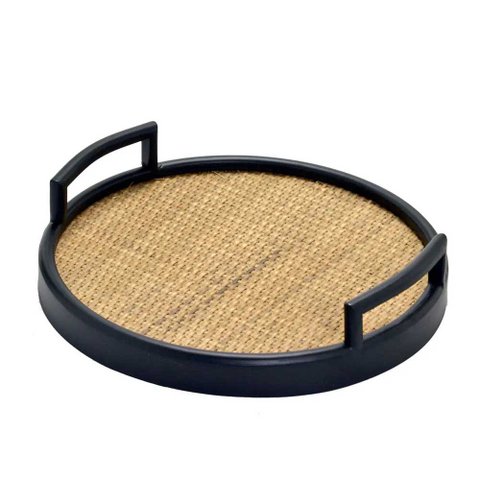 Bandeja Decorativa Redonda em Rattan Preto 30cm Paris Luz