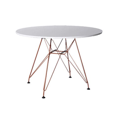 Mesa Eiffel Redonda 90Cm Tampo De Madeira Branco Com Base De Ferro Cobre - Cor: Branco