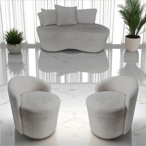 Kit Namoradeira + 2 Poltronas Yara Orgânica Bouclé Cinza Claro