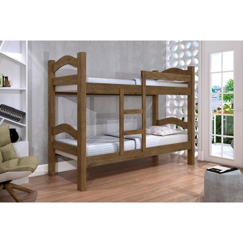 Cama Beliche Abs 100% Mdf com Estrado em Madeira e Escada Lateral Cor Jequitiba Ja
