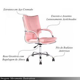 Cadeira de Escritório Diretor Desenho Italiano Steven em Aço Cromado Base Giratória Rosa Claro G31 - - 2