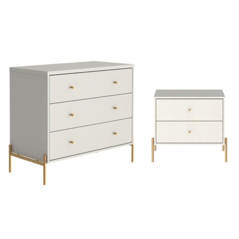 Cômoda 3 Gaveta e Mesa Cabeceira 2 Gaveta Jasper - Off White Fosco com Dourado