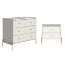Ver imagem 1 de Cômoda 3 Gaveta e Mesa Cabeceira 2 Gaveta Jasper - Off White Fosco com Dourado