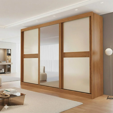 Roupeiro com Espelho 242cm 3 Portas 6 Gavetas Canadá Bianchi Nature Off White